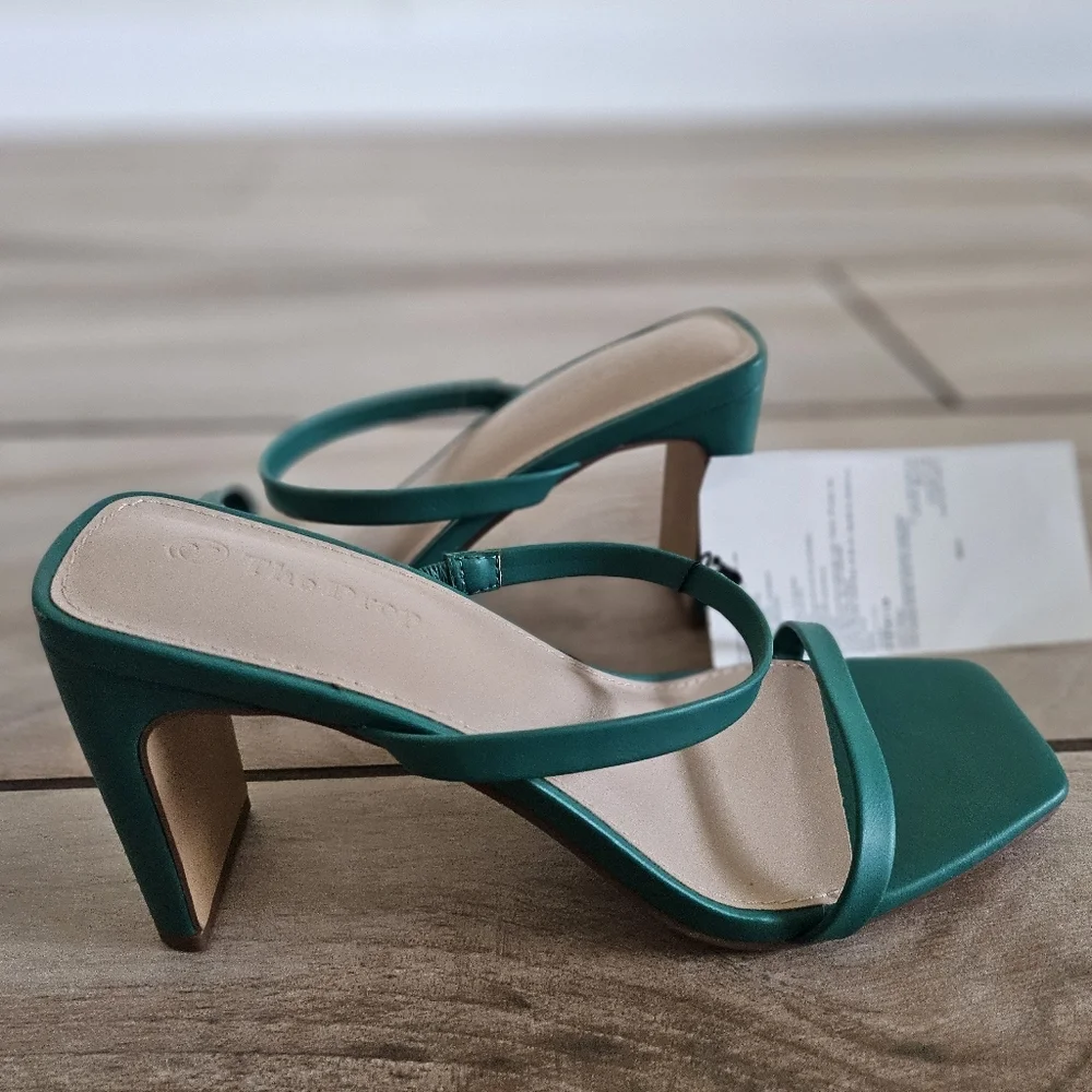 The Drop Teal Green Square Toe Strappy Heeled Sandals Womens 7.5 Minimalist Mule - Picture 6 of 9